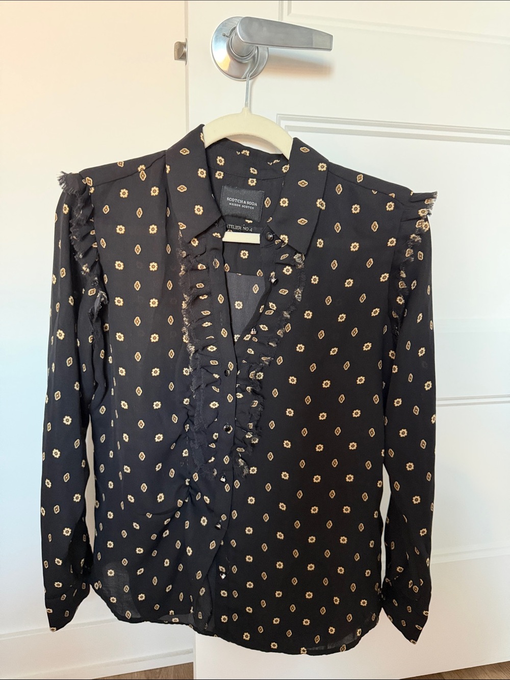 Equipment Black Ruffled Button-Front Blouse with Cream Floral Dots